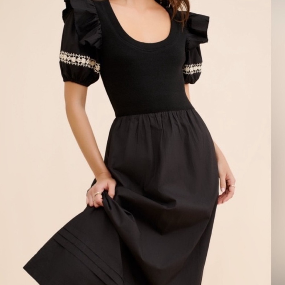 Cleobella Black Midi Dress with Puff Sleeves